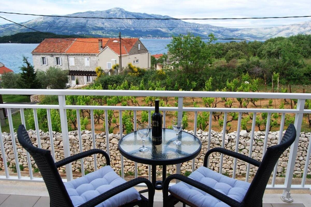 A balcony with a table and two chairs, overlooking a vineyard and a lake with mountains in the background.