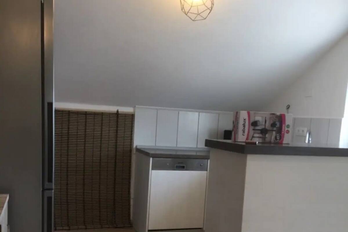 A compact kitchen with a built-in dishwasher, a small countertop, and a ceiling light fixture.