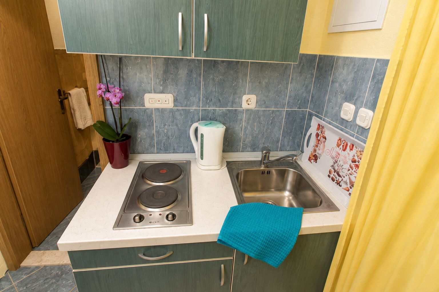Cocina compacta con estufa, pileta y planta en maceta.