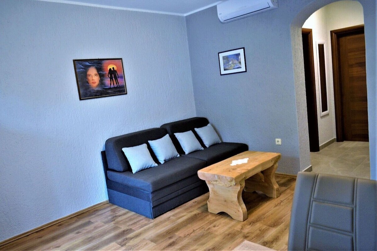 A living room with a dark blue sofa, a wooden coffee table, and two framed pictures on the wall.