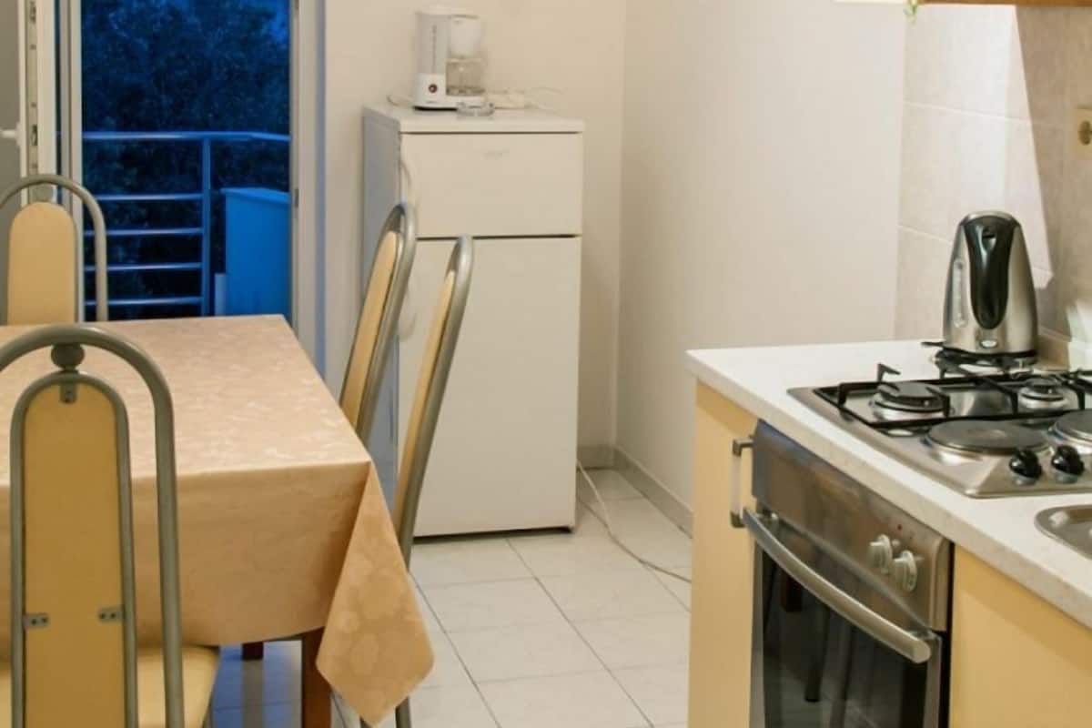 Cozinha compacta com área de refeições, geladeira, fogão e vista para o exterior.