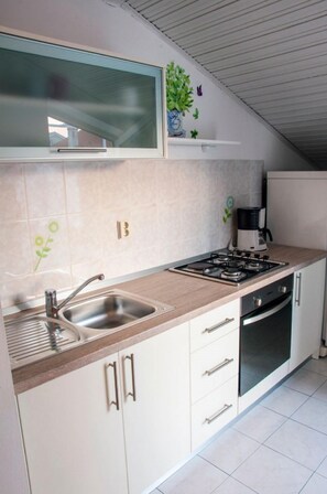 Apartamento (A6) | Cozinha privada | Geladeira, cooktop, talheres/pratos/utensílios de cozinha, freezer