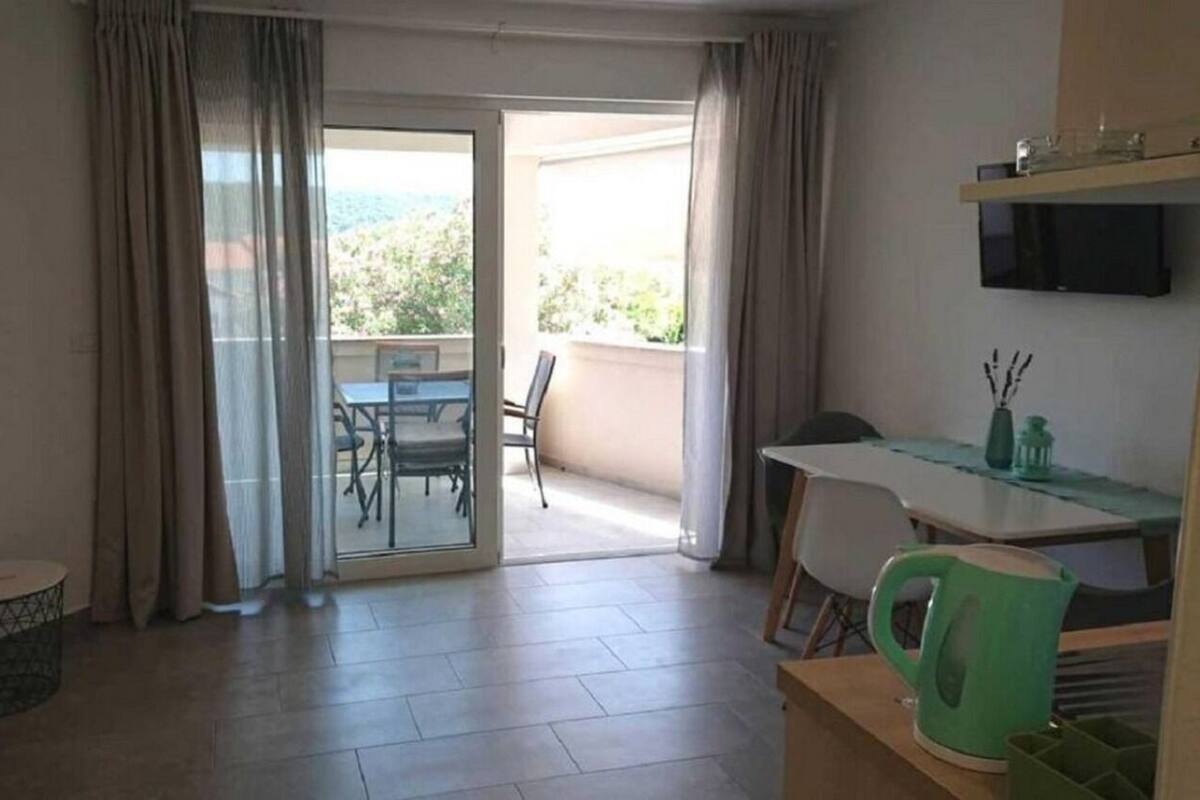 A room with a dining table, chairs, a green kettle, a TV, and a view through a sliding door to an outdoor area.