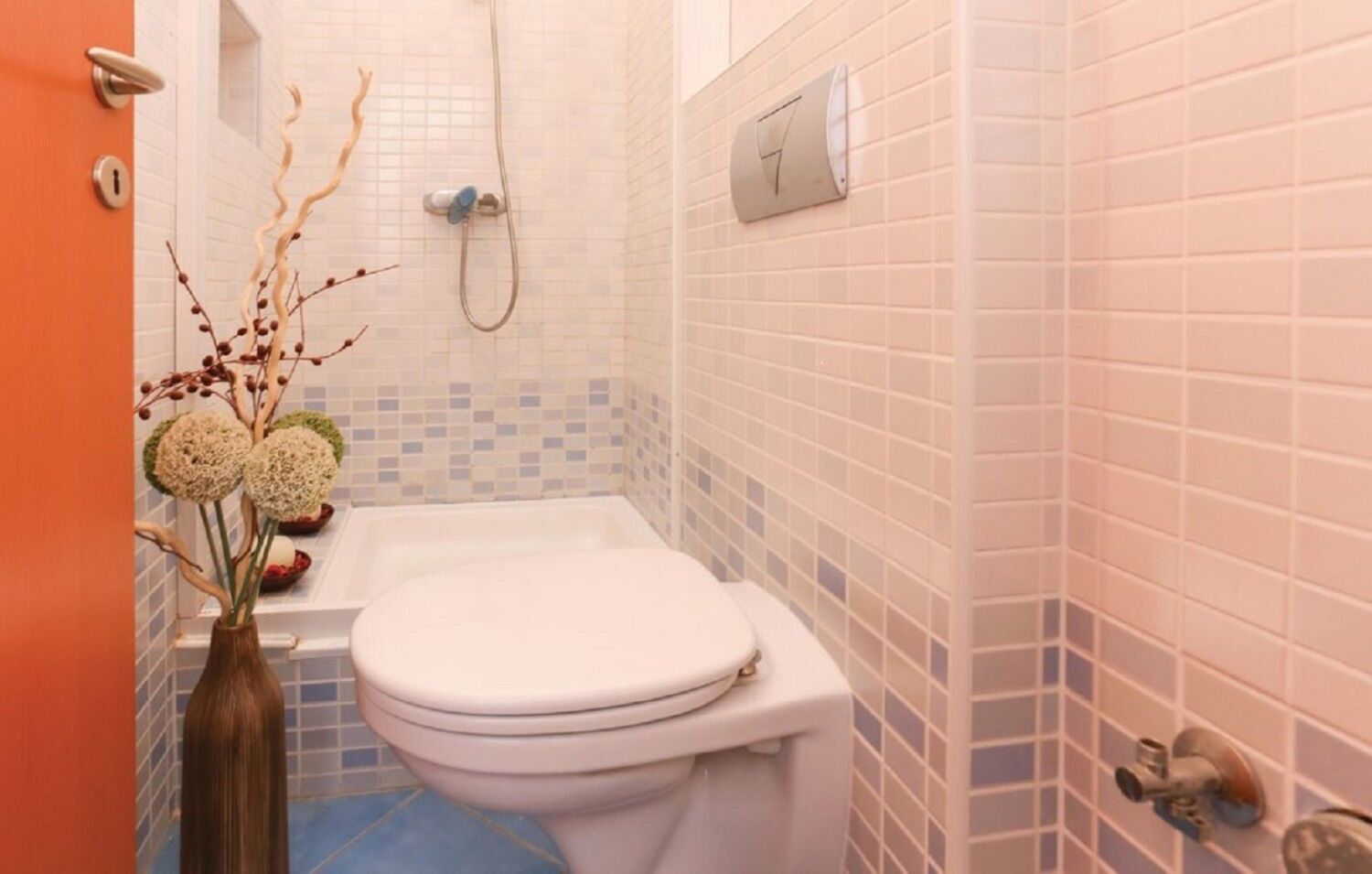 A bathroom with a white toilet, a shower, and a tiled wall with a mix of white and blue tiles.