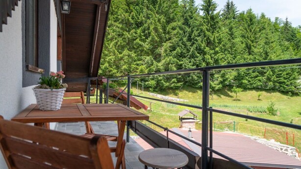 A balcony with wooden furniture, a potted plant, and a view of a forested area. - Apartments Dar (Lokve)