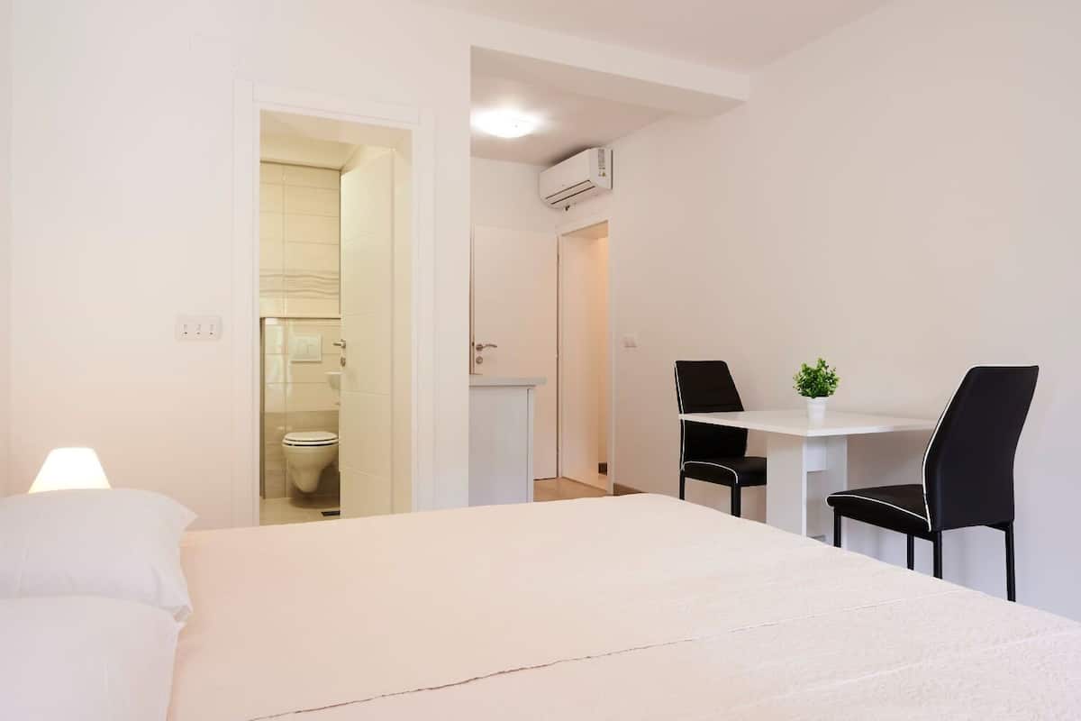 A hotel room with a bed, a desk with two chairs, a small table with a plant, and an air conditioning unit.