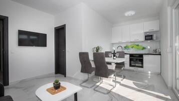 Apartment (A2) | Private kitchen | Fridge, microwave, oven, stovetop