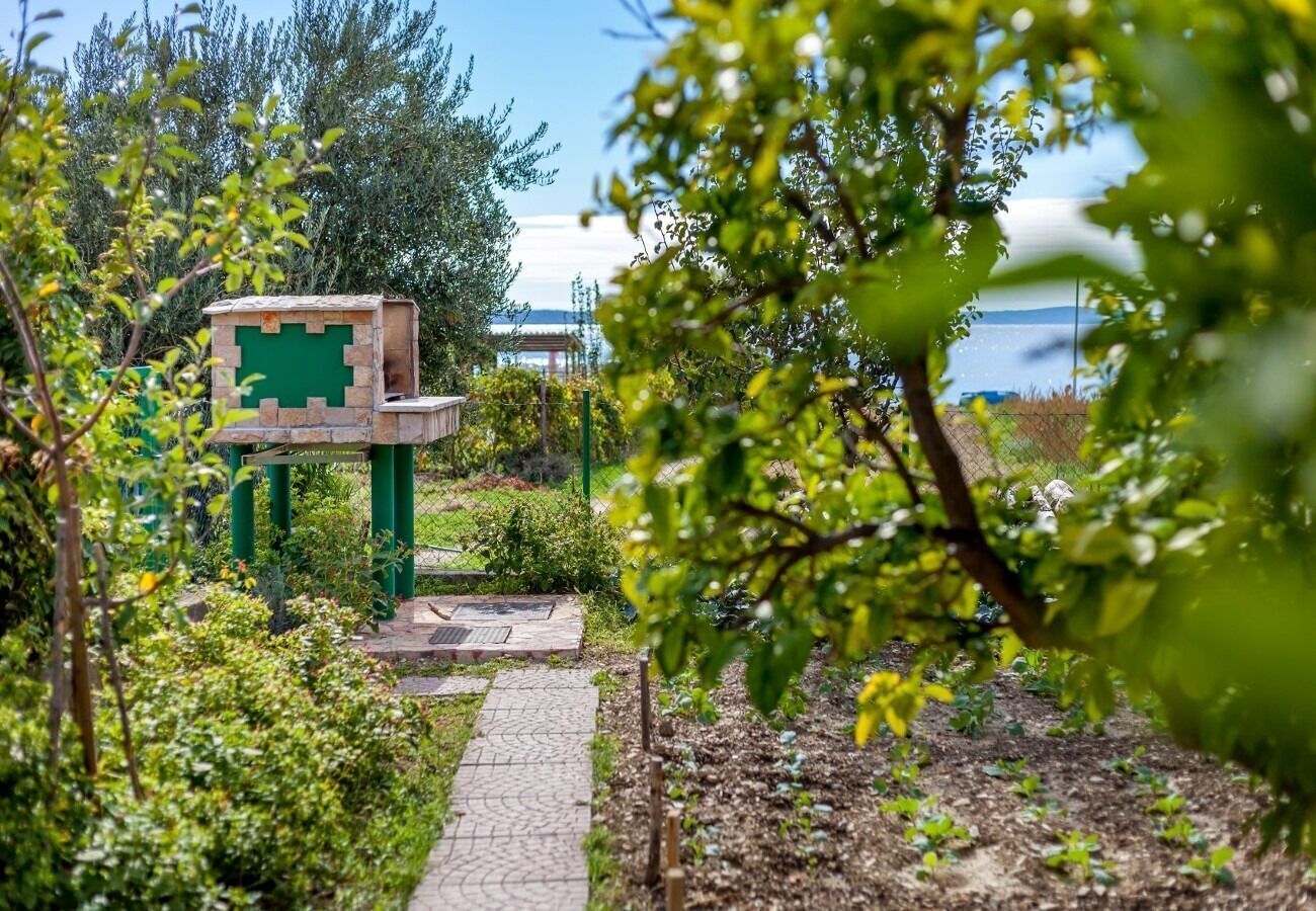 A garden pathway with a stone bench and a green signpost.