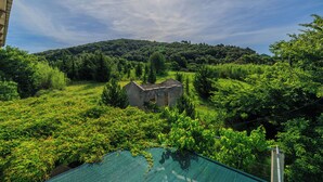Un exuberante paisaje verde con una pequeña edificación rodeada de vegetación densa y una colina al fondo.