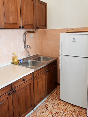 A kitchen with wooden cabinets, a double sink, and a white refrigerator. - Apartment Anka (Omis)