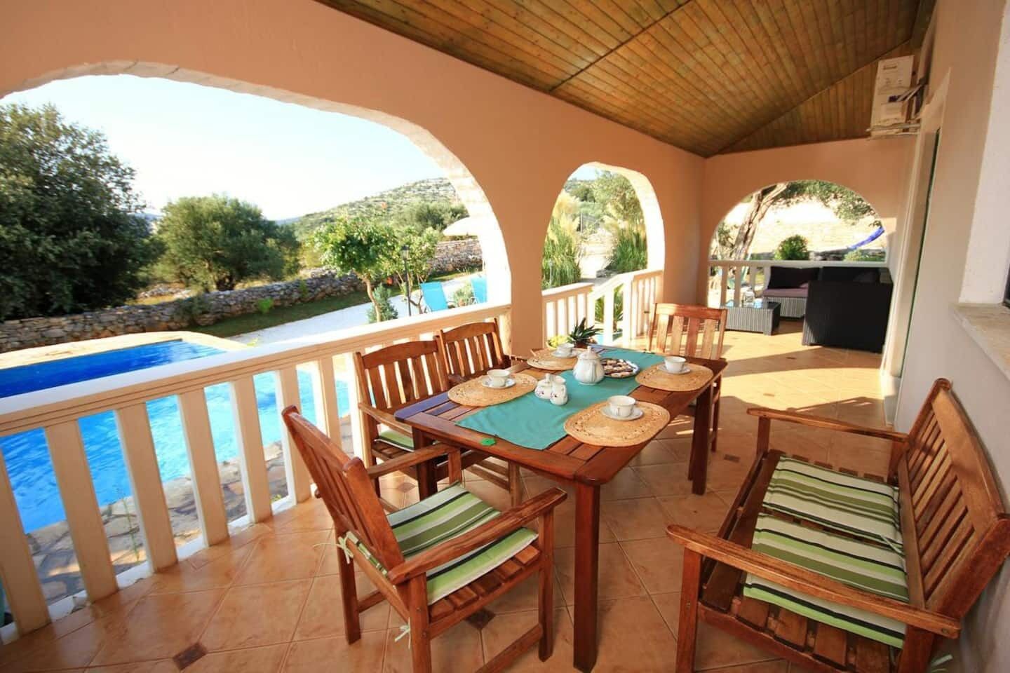 A covered patio with a pool, wooden furniture, and a view of the landscape.