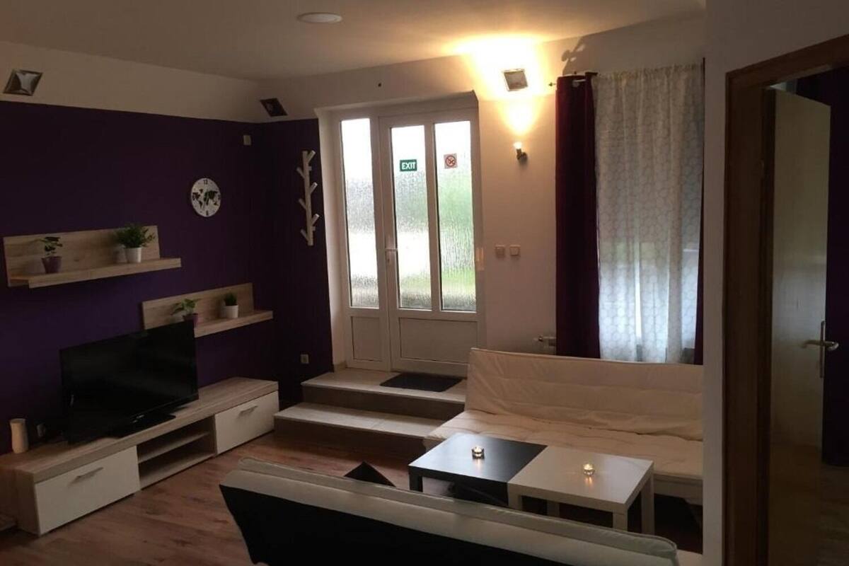 A living room with a sofa, TV, and a dining area with a table and chairs.