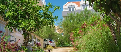 A residential street with houses, a car, and lush greenery.