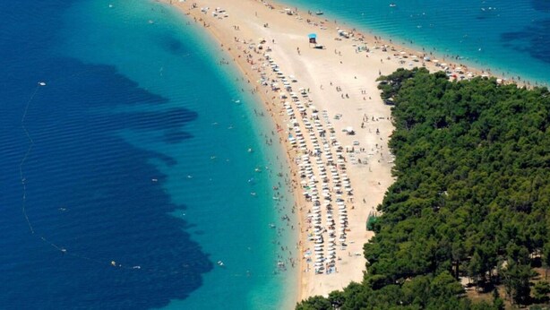 Vista aérea de una playa con hileras de sombrillas y sillas, rodeada de frondosos árboles verdes.