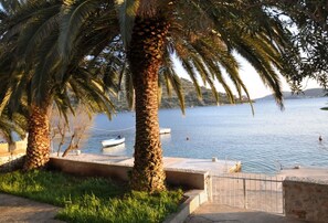 Une vue sur le littoral, avec des palmiers, un bateau et une étendue d’eau calme.