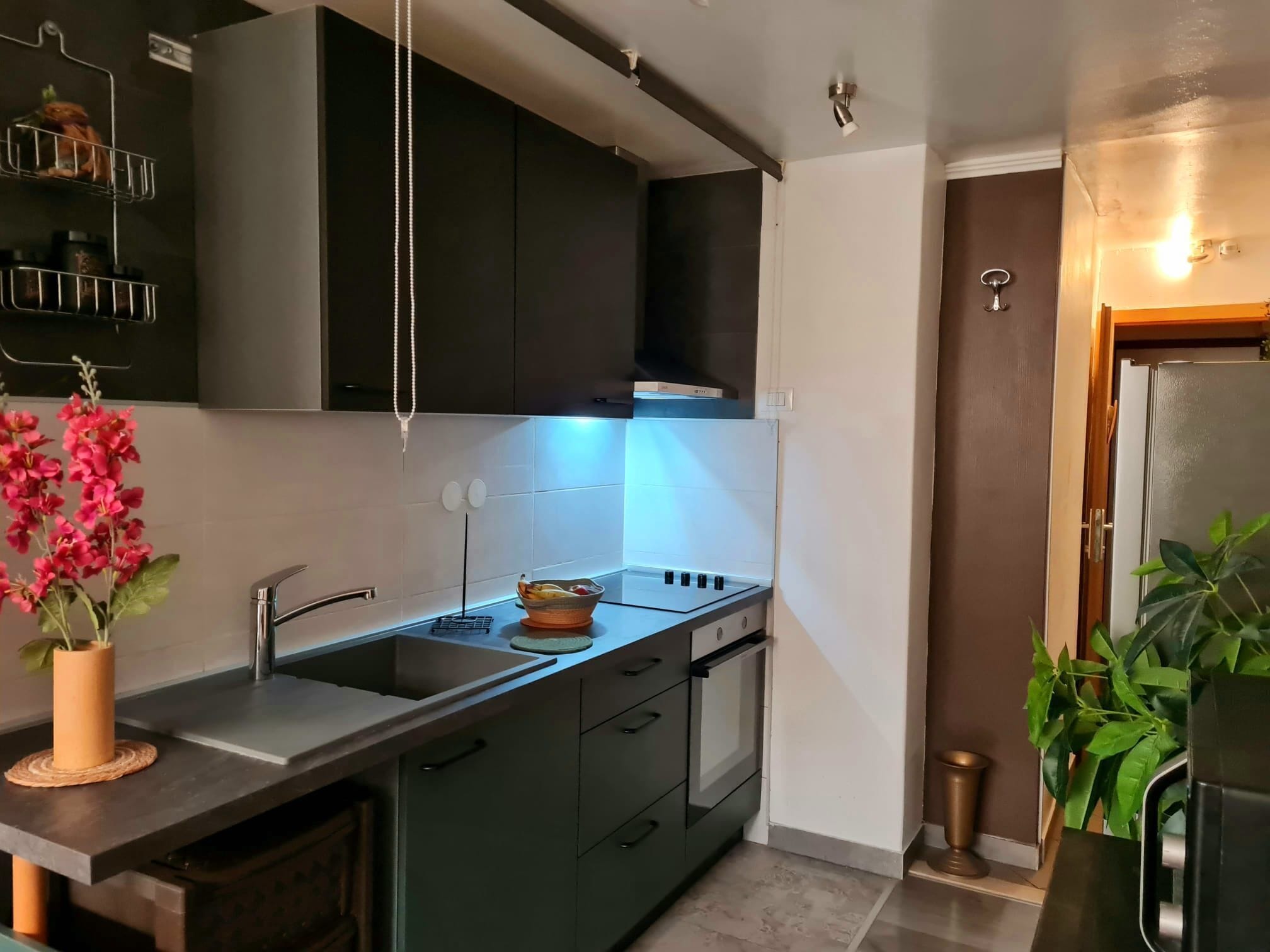 Una cocina moderna con armarios oscuros, un lavamanos de acero inoxidable y un horno empotrado.