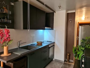 A modern kitchen with dark cabinets, a stainless steel sink, and a built-in oven. - Apartment Lovely (Split)