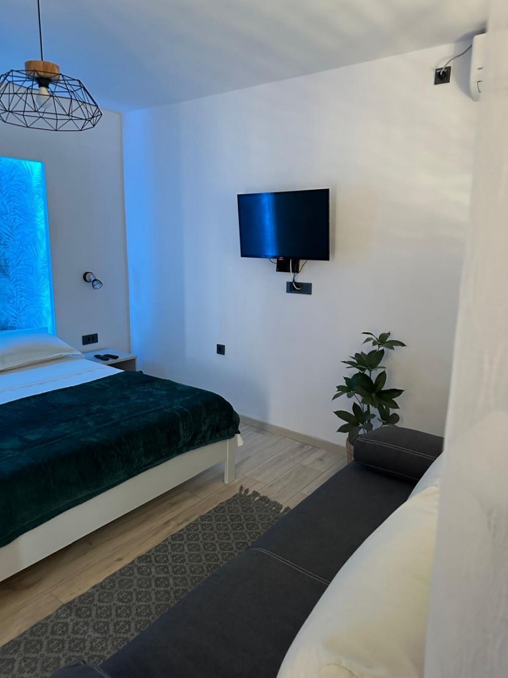 A modern bedroom with a bed, a TV mounted on the wall, a bedside table, a plant, and a window with blue lighting.