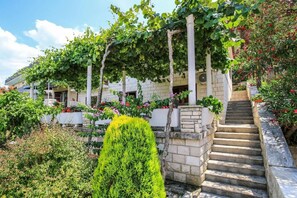 A stone staircase leading up to a building with a vine-covered pergola. - Apartments Ivana (Trpanj)