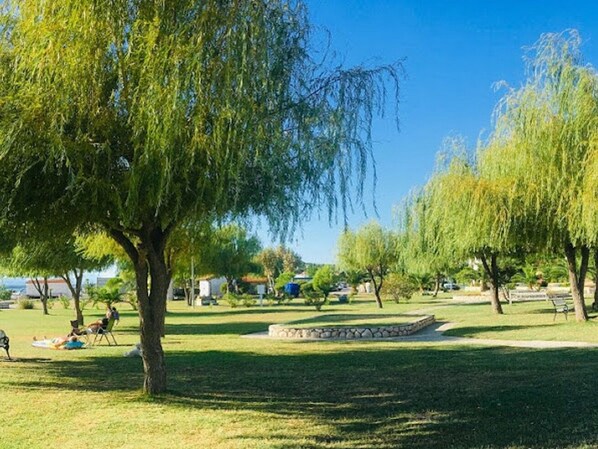 A park with trees, a stone bench, and a grassy area. - Apartment Mari (Lopar)