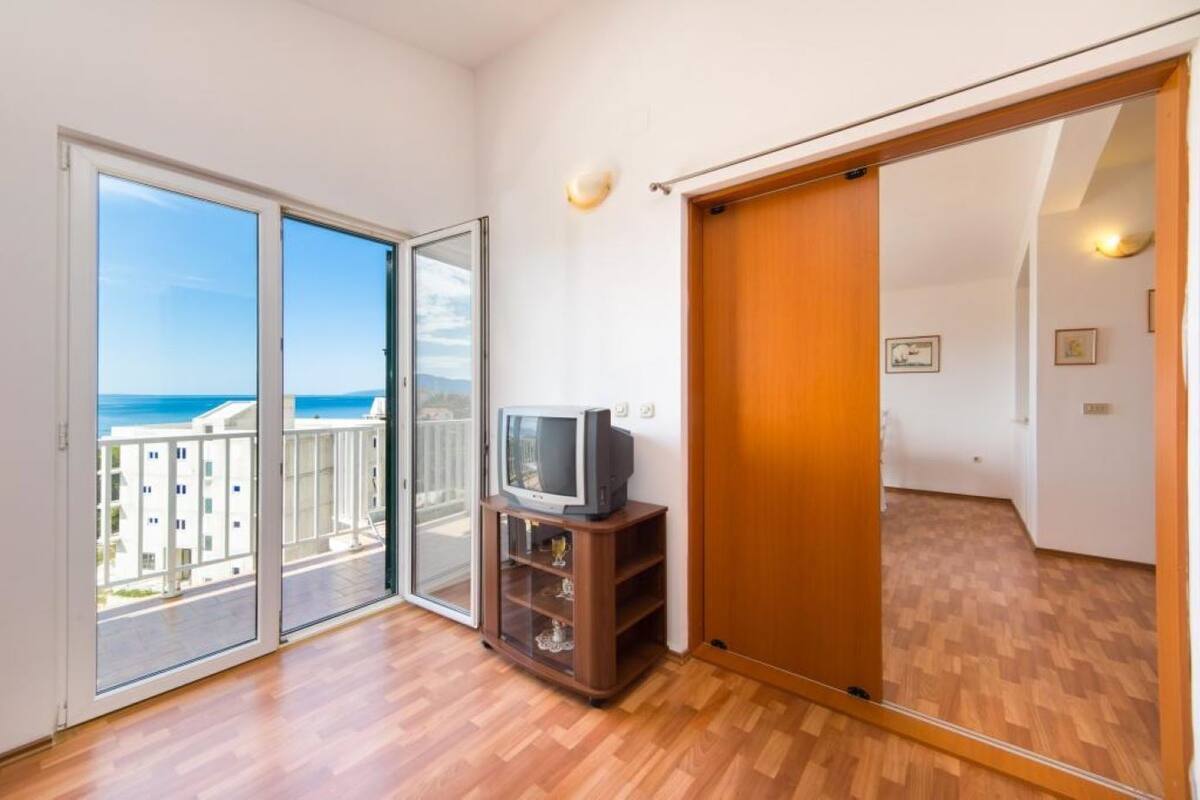 Et værelse med trægulv, en skydedør til en balkon med havudsigt og et fjernsyn på et træstel.