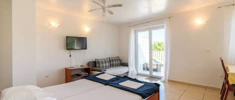 A hotel room with a bed, a TV, a ceiling fan, and a view of the outside.