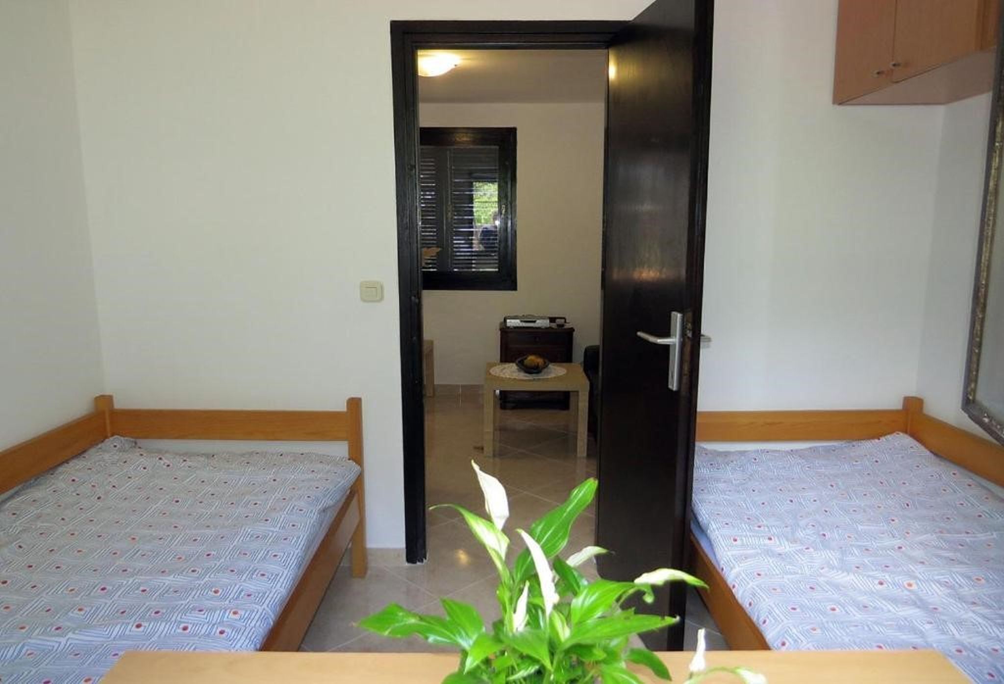 Una habitación con dos camas individuales, una puerta de madera, una mesita con una planta y una ventana con persianas.