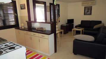 Un espacio habitable compacto con kitchenette, un sofá negro y un televisor.
