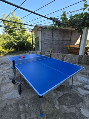 Ein Tischtennis-Tisch im Freien, mit einer Steinwand und viel Grün im Hintergrund.