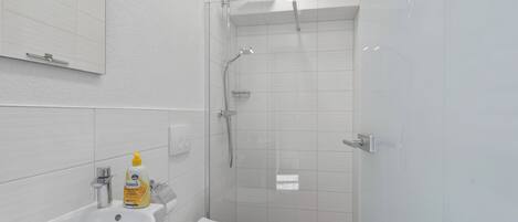 A modern bathroom with a white sink, a toilet, and a glass-enclosed shower area.
