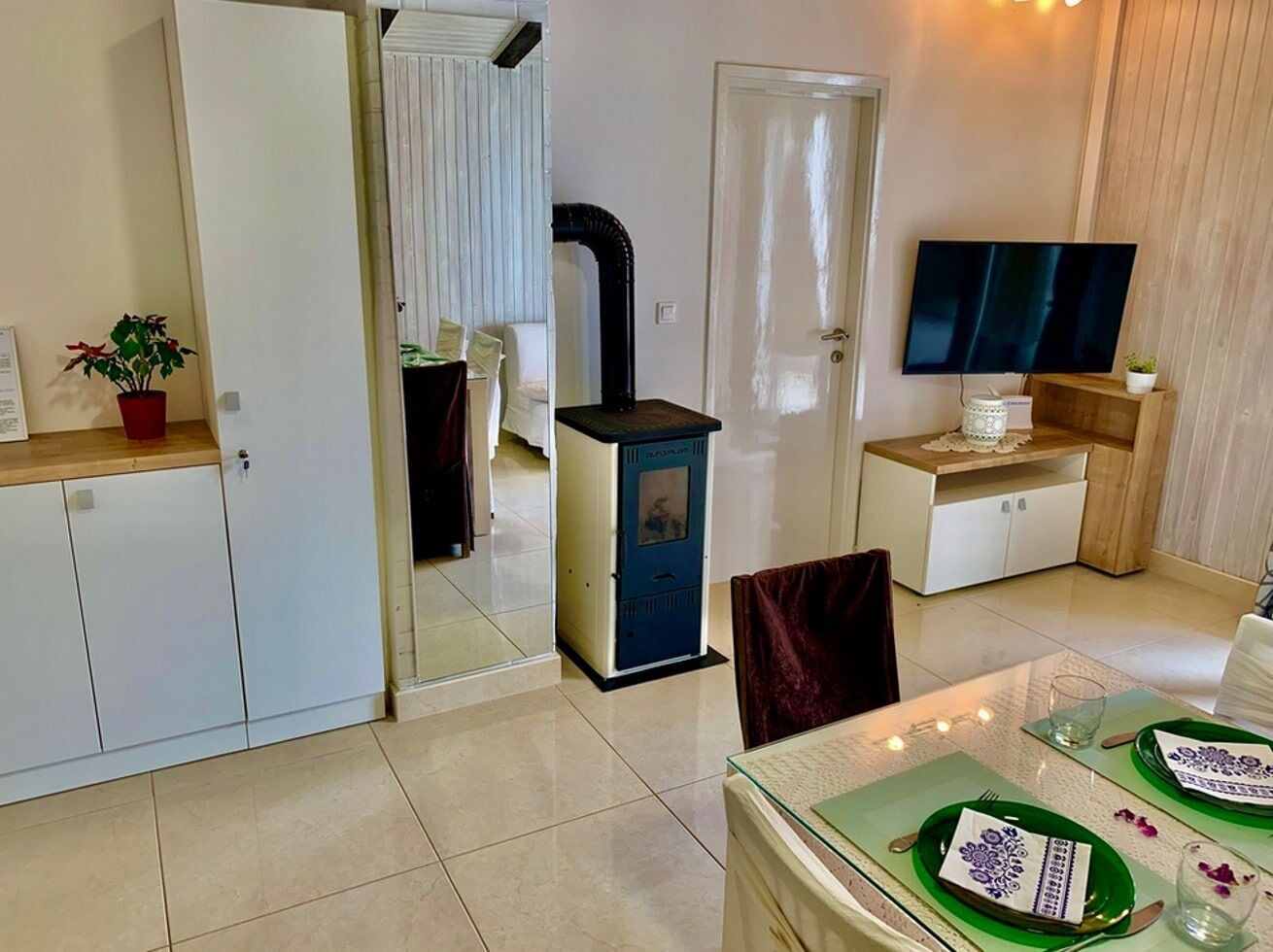 A compact living space with a kitchenette, a dining area with a table set for two, and a television mounted on the wall.