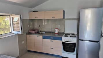 Apartment (A1) | Private kitchen | Fridge, stovetop, electric kettle, cookware/dishes/utensils