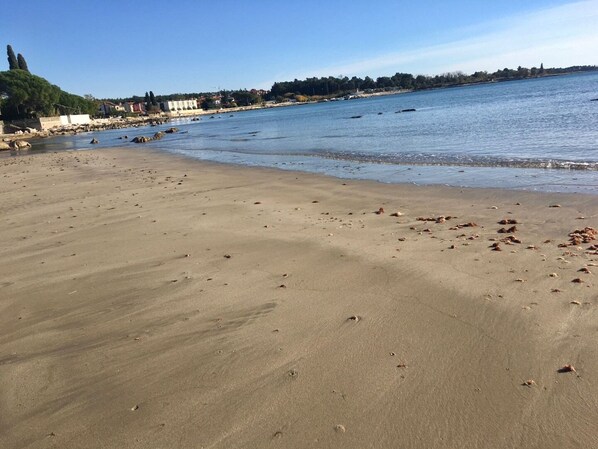A sandy beach with scattered debris, calm water, and a distant shoreline with buildings and trees. - Apartment Anchy (Umag)