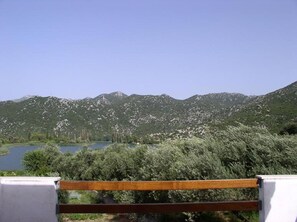 Un paysage montagneux avec un lac et une végétation luxuriante au premier plan.