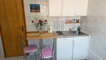 A compact kitchen with a refrigerator, a sink, and a small countertop. There are two chairs and a vase with flowers on the counter.