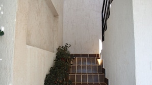 Eine enge Treppe mit Fliesenboden, umgeben von Wänden und einer Topfpflanze.
