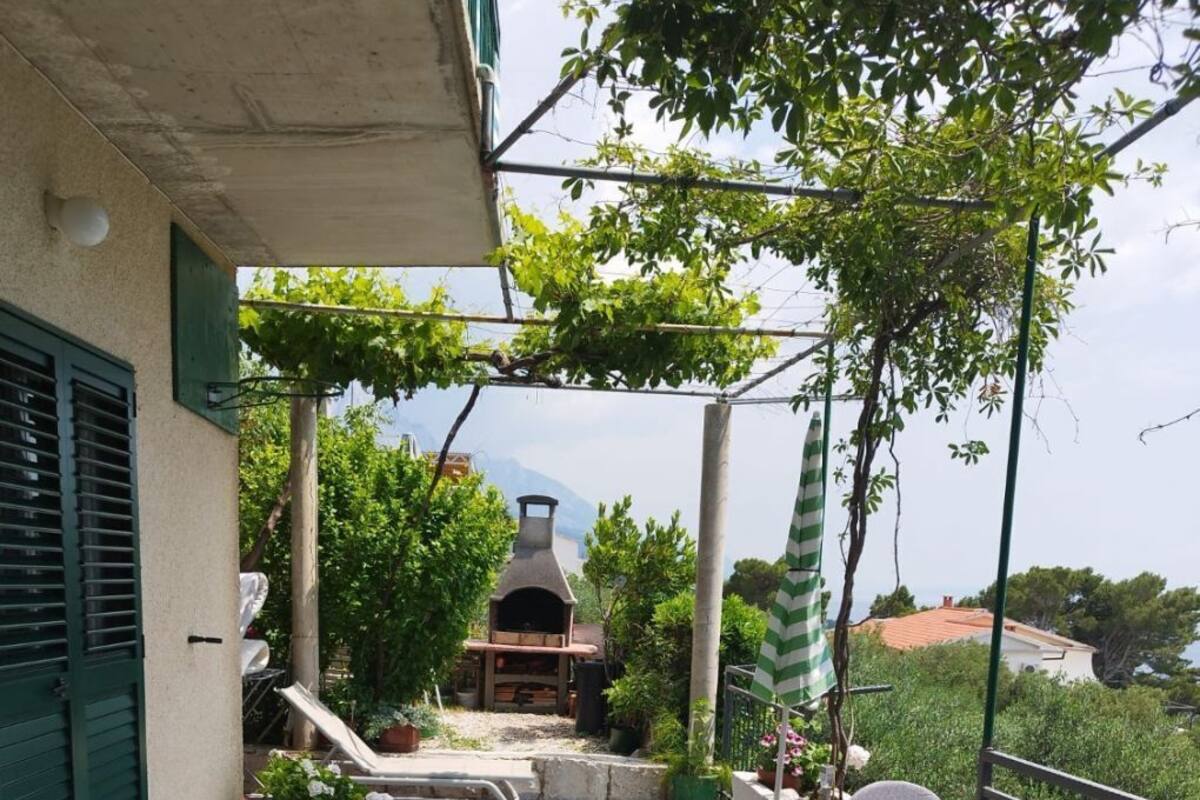 An outdoor patio with a table and chairs, a barbecue grill, and potted plants.