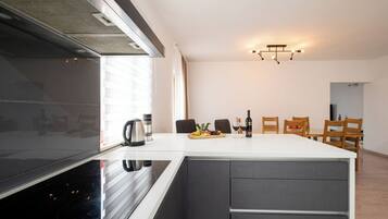 Apartment (A1) | Private kitchen | Fridge, microwave, oven, stovetop