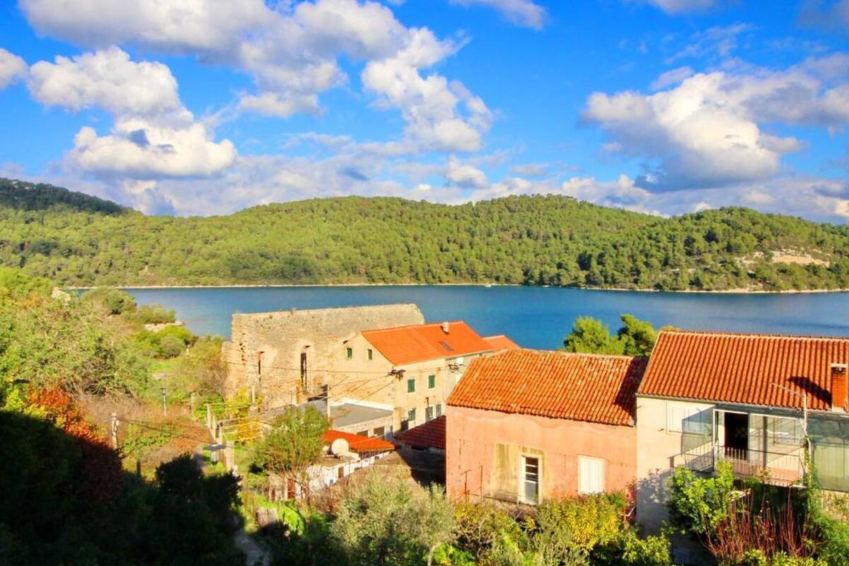 A coastal village with traditional buildings, a clear view of the sea, and a backdrop of green hills.