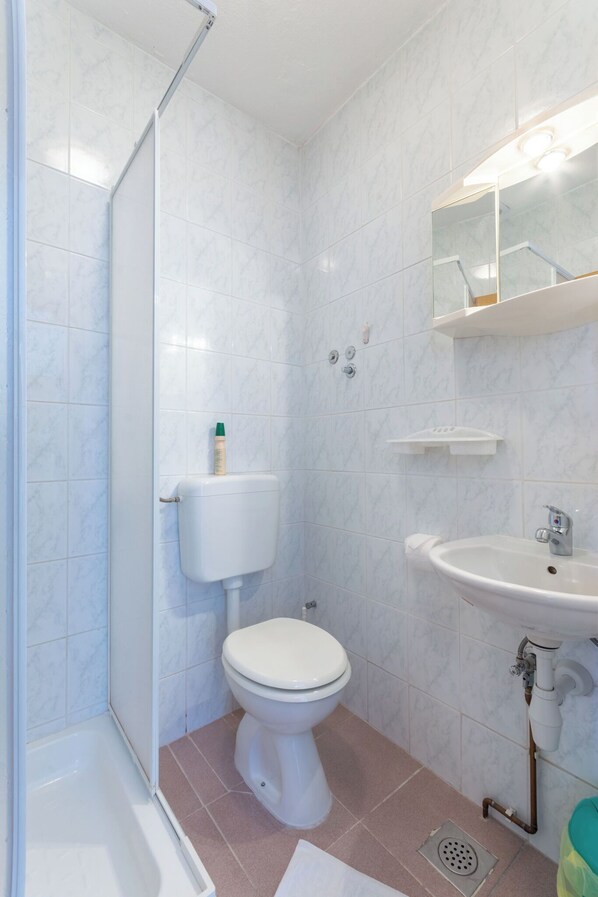 Une salle de bain avec des toilettes, un lavabo et une douche.