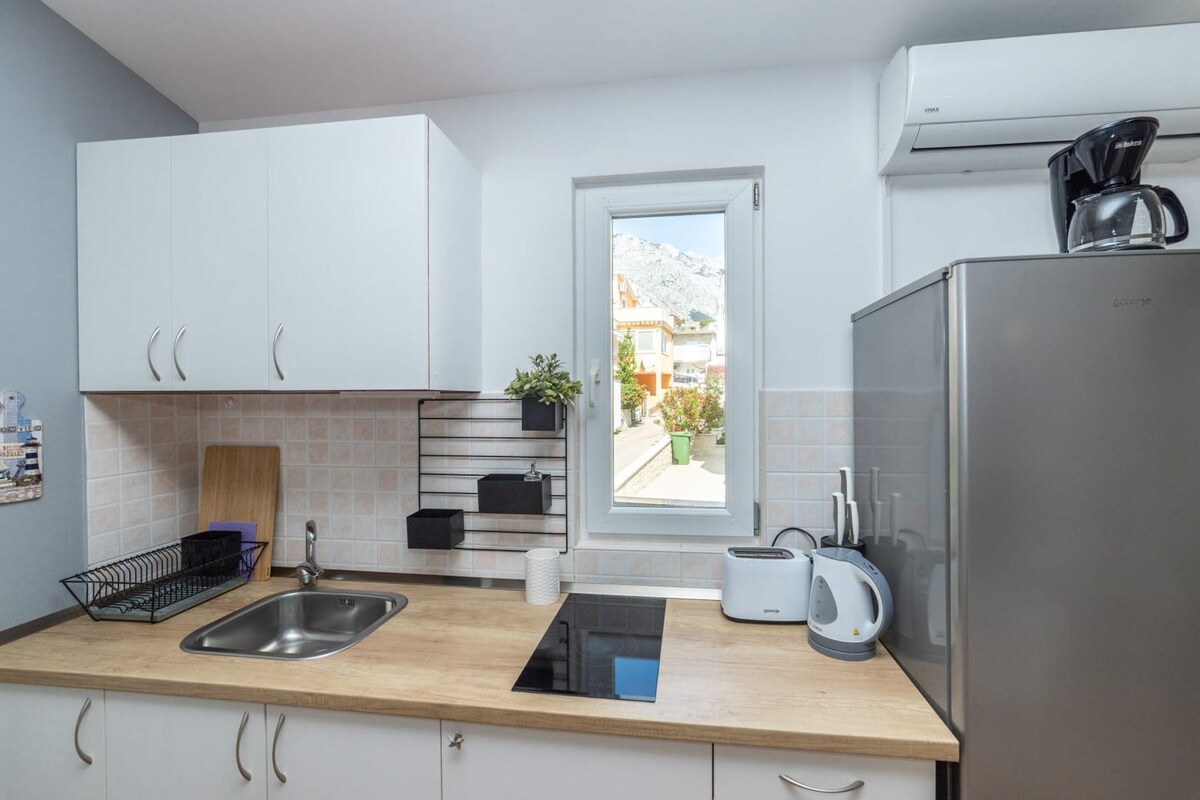 Eine moderne Küche mit Spüle, Toaster, Wasserkocher und Kühlschrank.