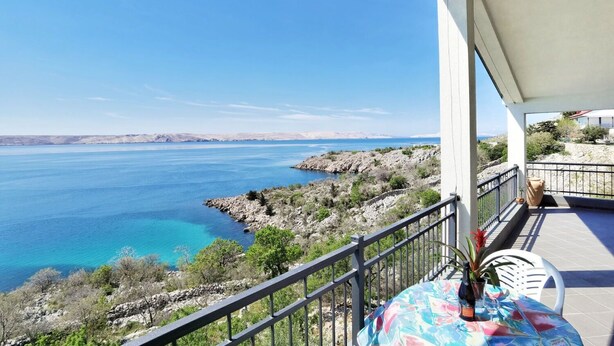 A balcony with a view of a coastal landscape, including a body of water and rocky terrain. - Apartments Adria (Karlobag)