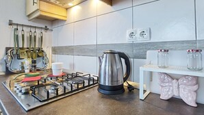 A modern kitchen with a gas stove, a kettle, hanging utensils, and a decorative butterfly shelf. - Apartments Adria (Karlobag)