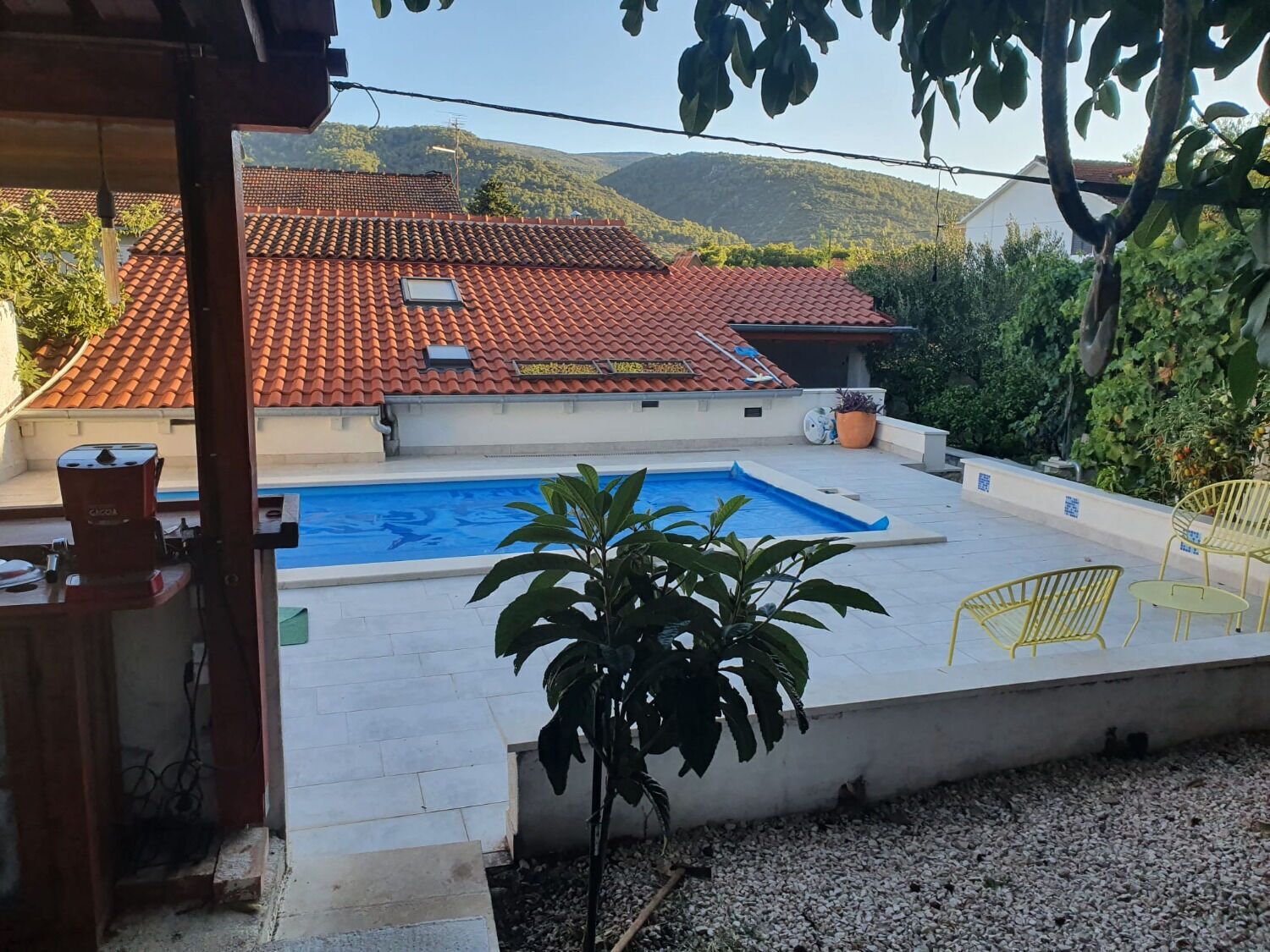 A swimming pool with a tiled deck, surrounded by a garden with a potted plant and yellow chairs.
