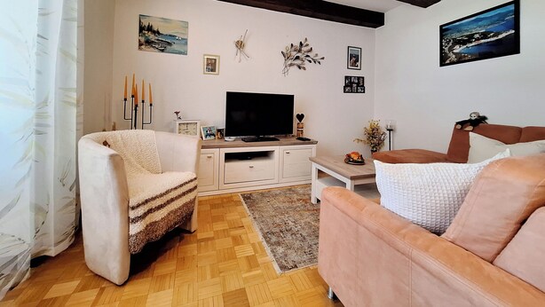A living room with a ceiling fan, a flat-screen TV, a sofa, a chair, and a coffee table. - Apartment Emma (Novi Vinodolski)