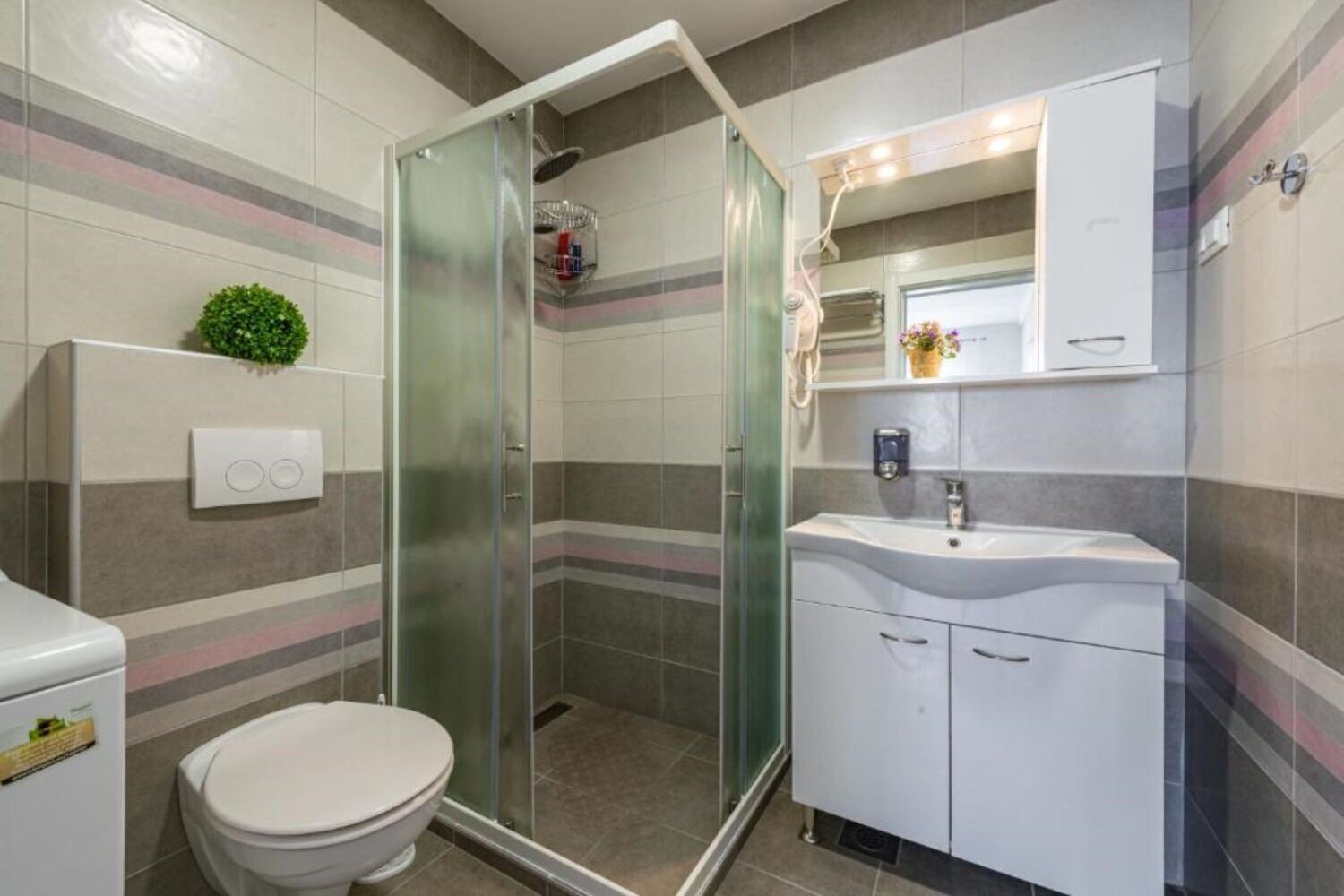 Een badkamer met een douche met glazen wand, een toilet en een wastafel met spiegel erboven.