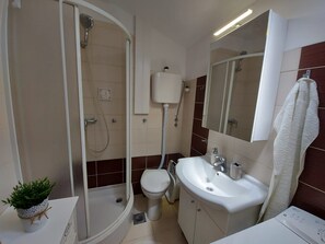 Une salle de bain équipée d’une douche, de toilettes, d’un lavabo et d’un miroir.