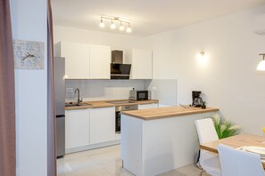 Apartment (A1) | Private kitchen | Fridge, microwave, oven, stovetop - Apartments Nikol (Okrug)