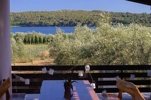 A table with a potted plant, a small decorative item, and a view of a lake with trees and hills in the background. - House Berto (Medulin)