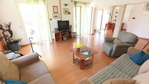 A living room with a sofa, armchairs, a coffee table, and a television. - House Mrcela 200m From Beach (Okrug)